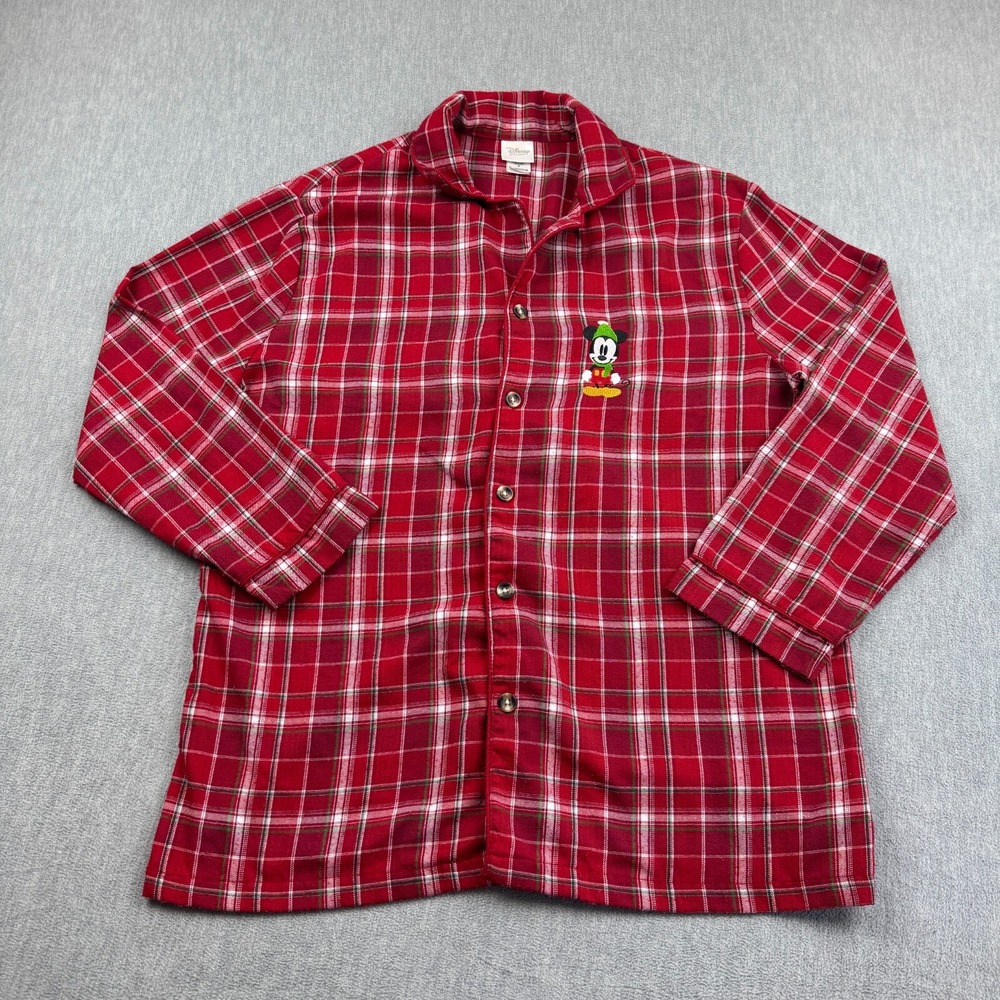 Disney Store Pajama Top Mens Small‎ Red Plaid Embroidered Mickey Mouse Christmas